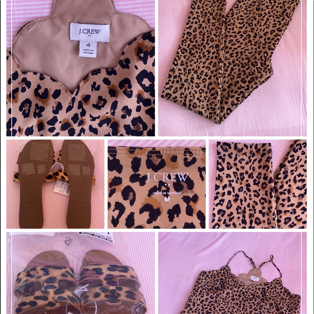 J crew leopard leggings, slippers, and tan top
